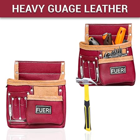 FUERI Heavy Duty Construction Tool Belt, 11 Pockets Tool Pouch Maroon