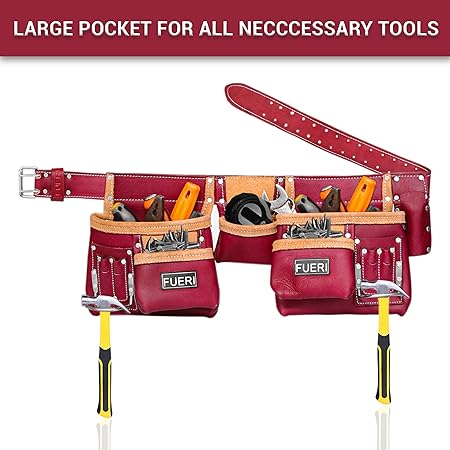 FUERI Heavy Duty Construction Tool Belt, 11 Pockets Tool Pouch Maroon