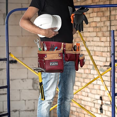 FUERI Heavy Duty Construction Tool Belt, 11 Pockets Tool Pouch Maroon