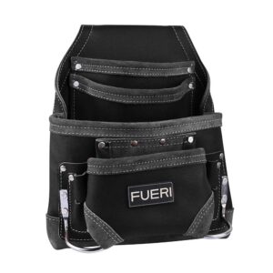 FUERI Leather Tool Pouch for Carpenters 10 Pocket Framers Belt Bag Black