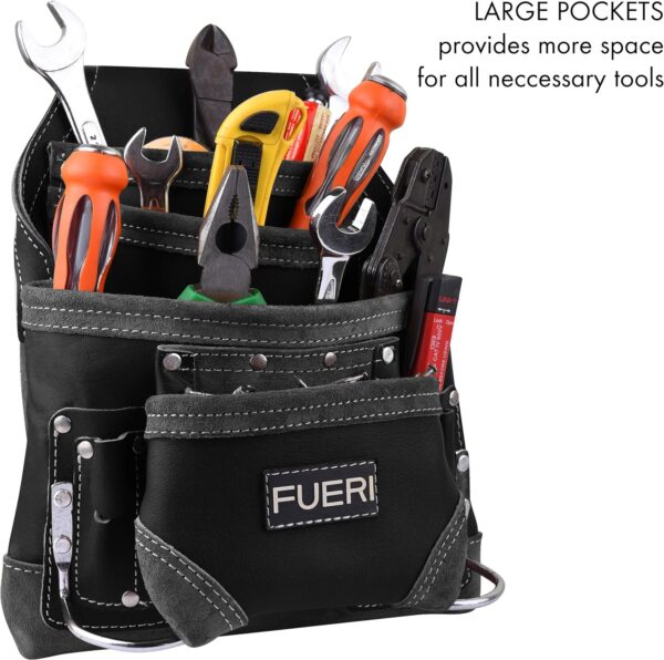 FUERI Leather Tool Pouch for Carpenters 10 Pocket Framers Belt Bag Black