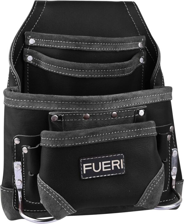 FUERI Leather Tool Pouch for Carpenters 10 Pocket Framers Belt Bag Black