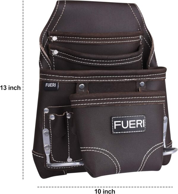 FUERI Leather Tool Pouch for Carpenters 10 Pocket Framers Belt Bag Chocolate