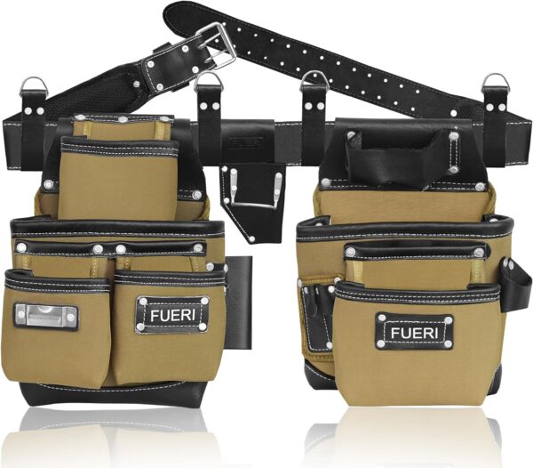 FUERI Nylon & Leather Tool Belt for Men | Heavy Duty Tool Bag set with 2 Pouches Black & Beige