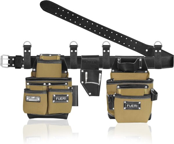 FUERI Nylon & Leather Tool Belt for Men | Heavy Duty Tool Bag set with 2 Pouches Black & Beige