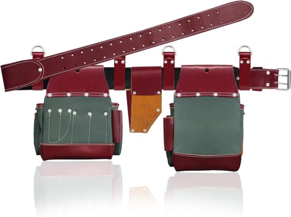 FUERI Nylon & Leather Tool Belt for Men | Heavy Duty Tool Bag set with 2 Pouches Maroon & Green