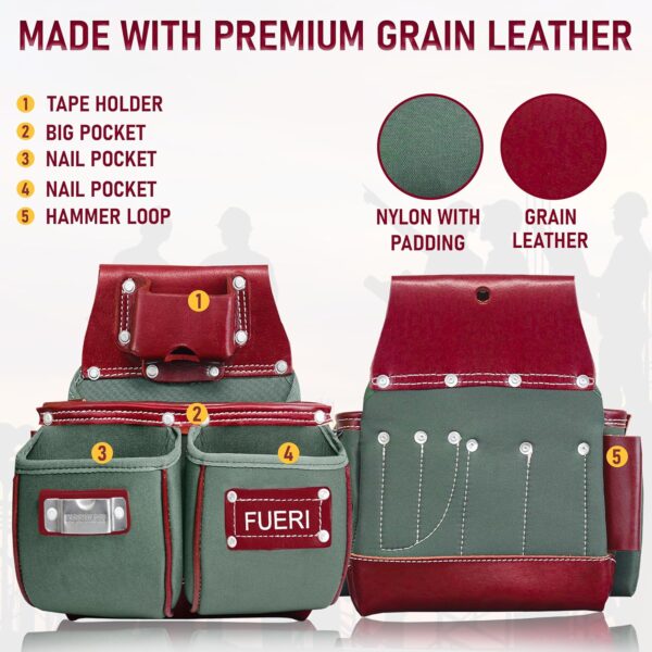 FUERI Nylon & Leather Tool Belt for Men | Heavy Duty Tool Bag set with 2 Pouches Maroon & Green