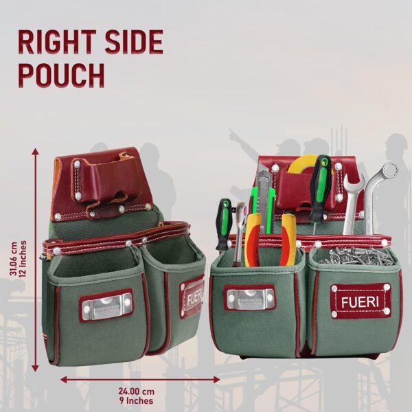 FUERI Nylon & Leather Tool Belt for Men | Heavy Duty Tool Bag set with 2 Pouches Maroon & Green