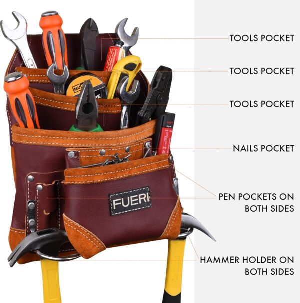 FUERI Professional 10 Pocket Carpenter Tool Pouch Framers Bag Maroon