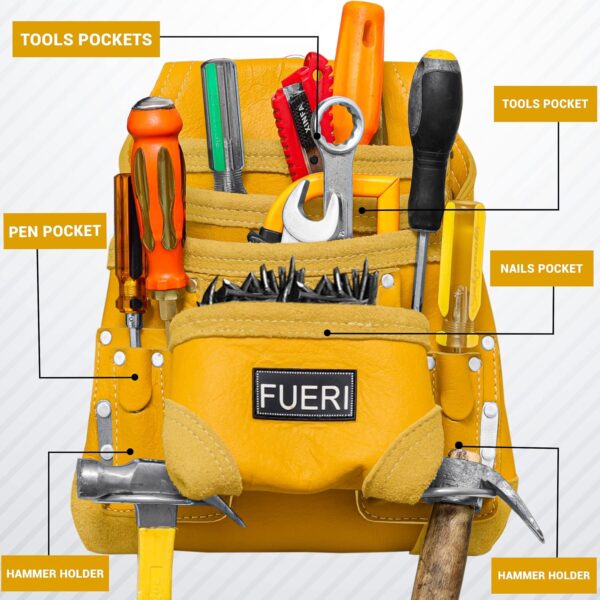 FUERI Professional 10 Pocket Carpenter Tool Pouch Framers Bag Yellow