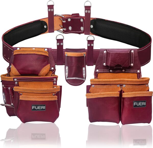 Heavy Duty 19 Pocket Leather Tool Belt Multipurpose Pockets Maroon