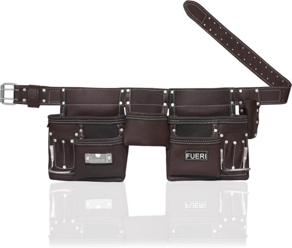 FUERI Heavy Duty Construction Tool Belt, 11 pockets Tool Pouch Chocolate