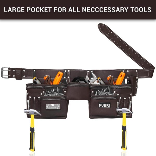 FUERI Heavy Duty Construction Tool Belt, 11 pockets Tool Pouch Chocolate