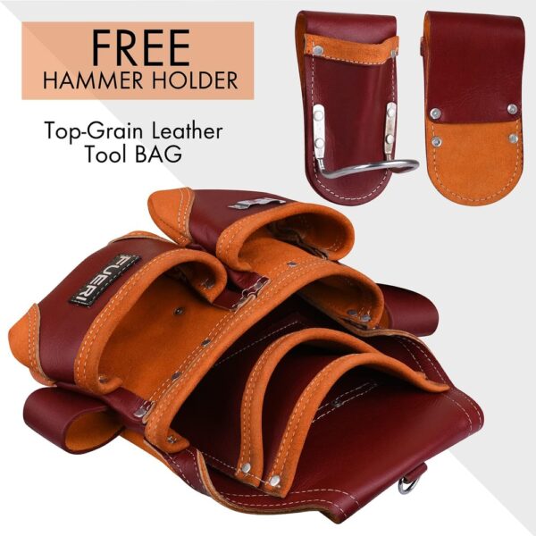 FUERI Leather Tool Pouch for Carpenters 5 Pocket Framers Belt Bag Kit Maroon