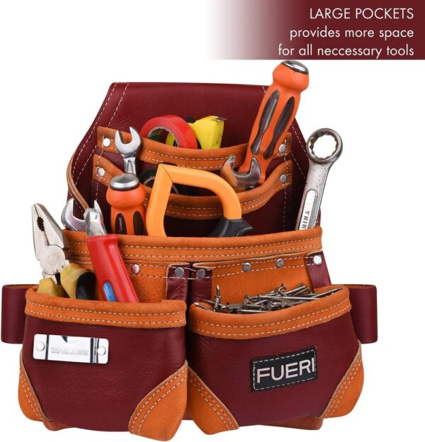 FUERI Leather Tool Pouch for Carpenters 5 Pocket Framers Belt Bag Kit Maroon