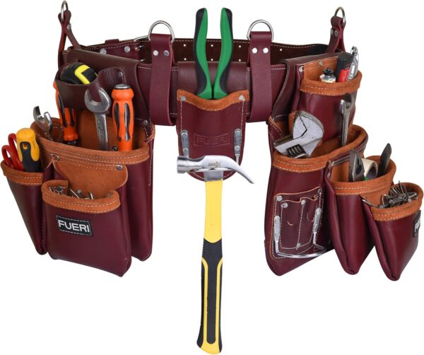 Heavy Duty 19 Pocket Leather Tool Belt Multipurpose Pockets Maroon.8jpg