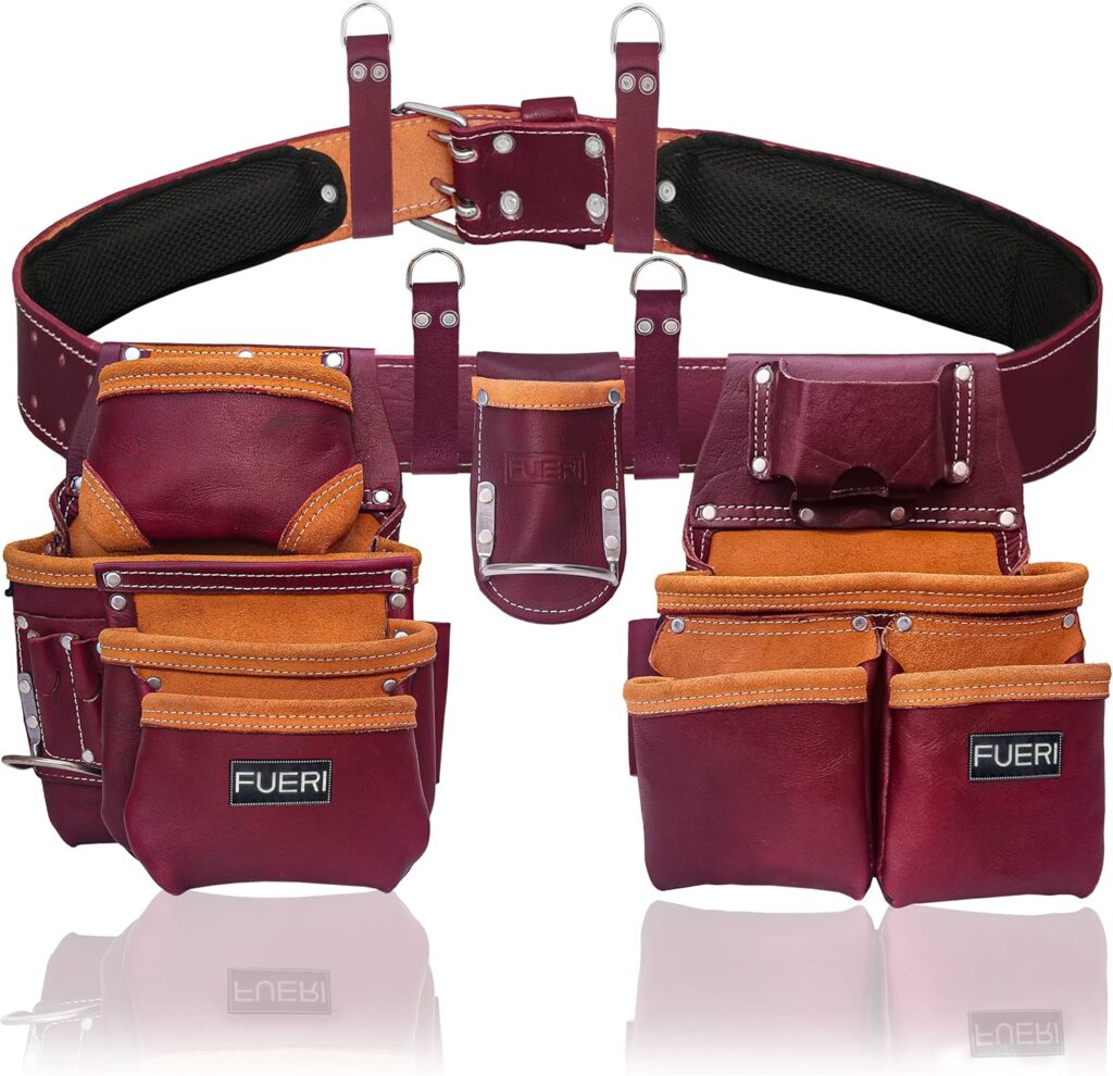 Heavy Duty 19 Pocket Leather Tool Belt Multipurpose Pockets Maroon.8jpg