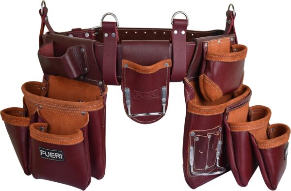 Heavy Duty 19 Pocket Leather Tool Belt Multipurpose Pockets Maroon.8jpg