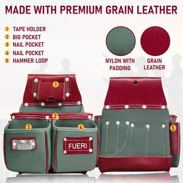 FUERI Nylon & Leather Tool Belt Bags for Men and women's, Green Maroon